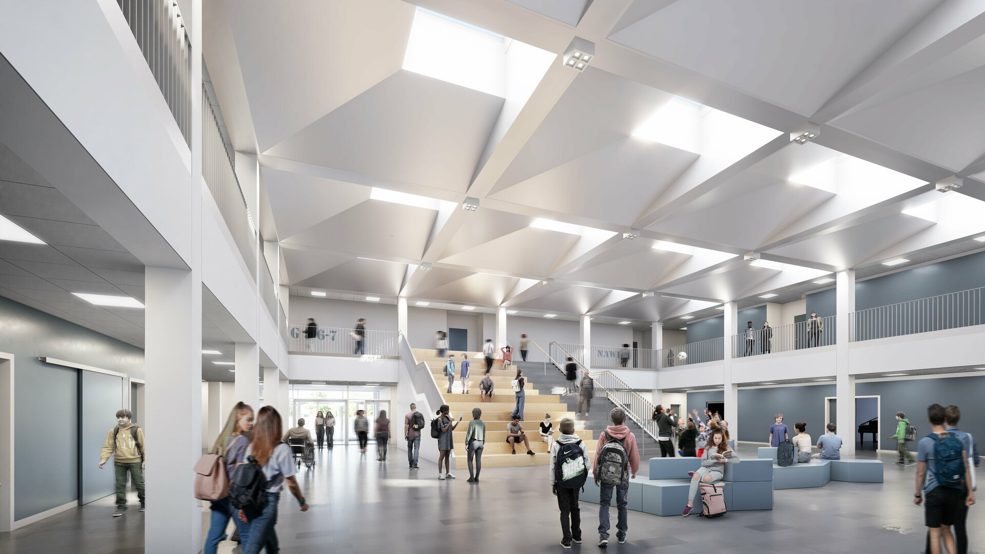 Perspektive Pausenhalle Gymnasium von unten